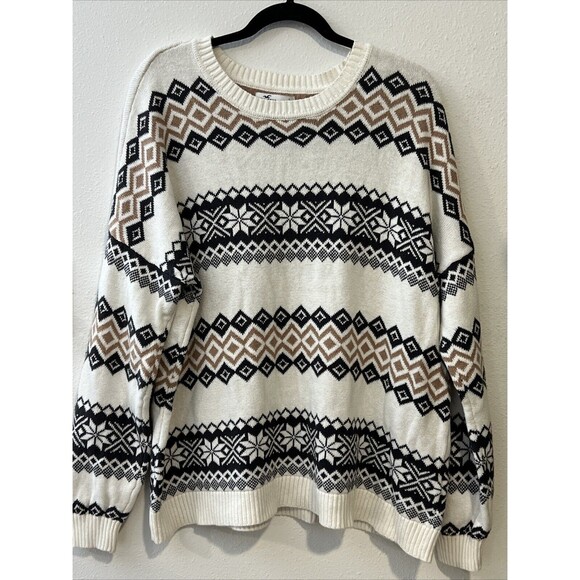 Hollister‎ Sweater Womens L White Fair Isle Oversized Jumper Crew Neck Pullover - Picture 1 of 11